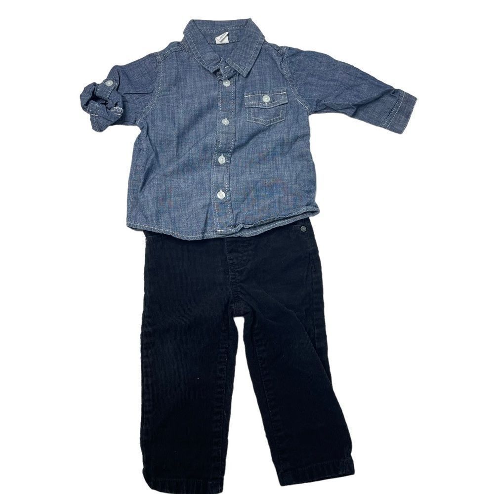 Blue Chambray Denim Long sleeve button up and black courdaroy jeans 12-1…